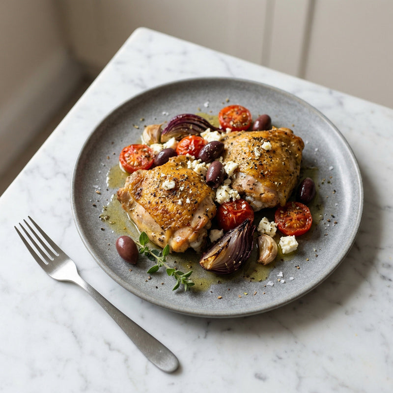 Grillede kyllingelår med cherrytomater, kalamataoliven og feta på en grå tallerken