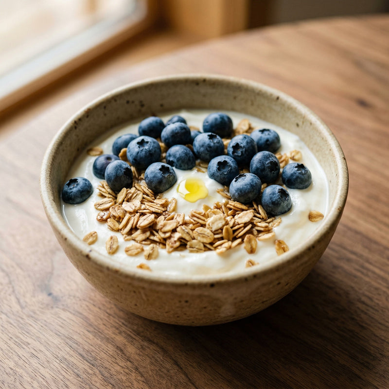 Skål med græsk yoghurt, friske blåbær og ristede havregryn på et træbord