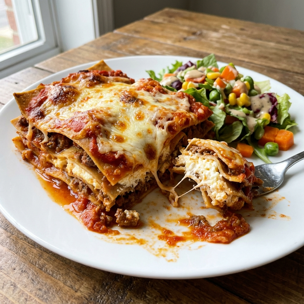 Et stykke lasagne med smeltet ost serveret med blandet salat på en hvid tallerken