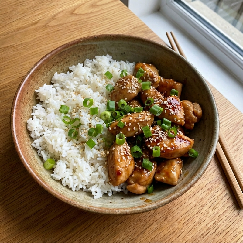 Asiatisk kyllingebowl med ris, forårsløg og sesamfrø i en keramikskål