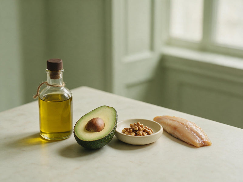 Olivenolie, avocado, valnødder og fed fisk på en lys marmorplade