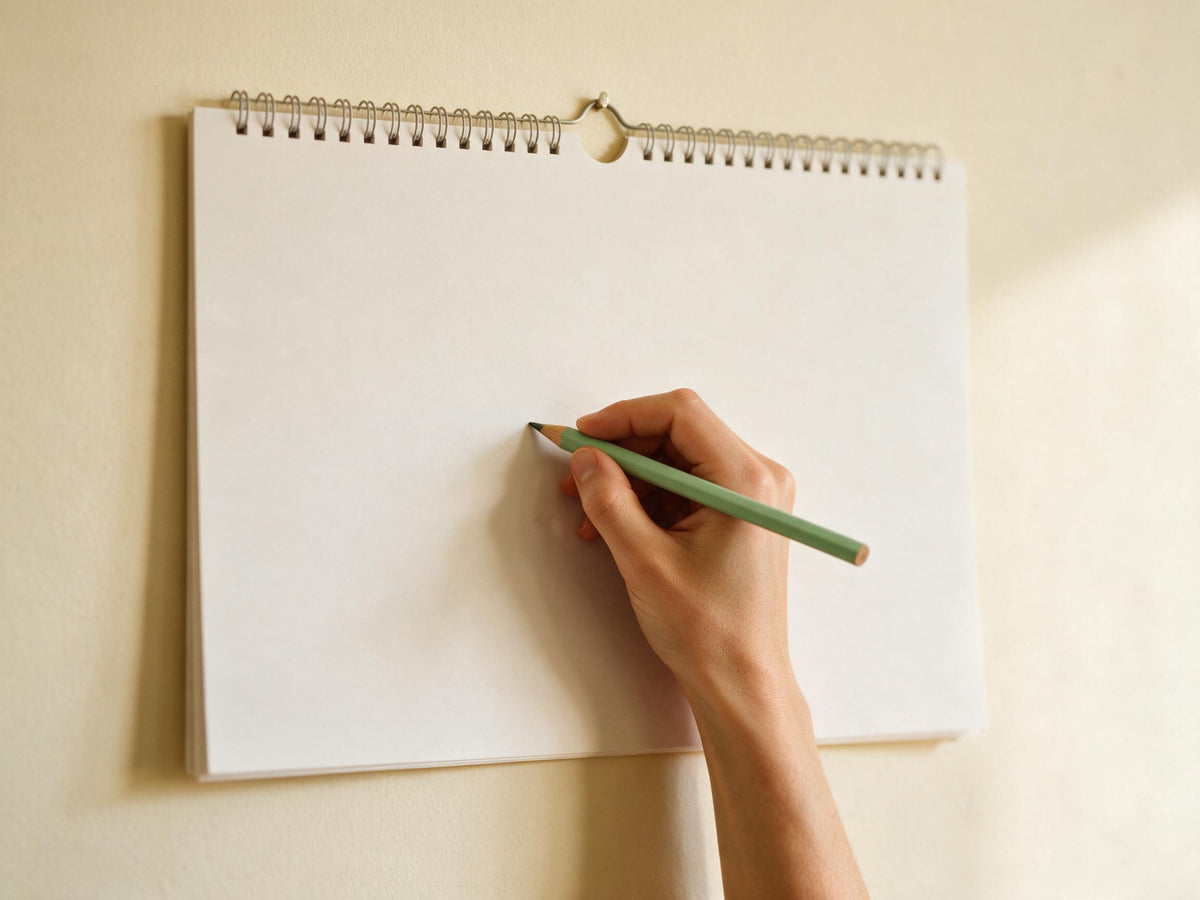 En hånd sætter et mærke i en papirkalender på en cremefarvet væg