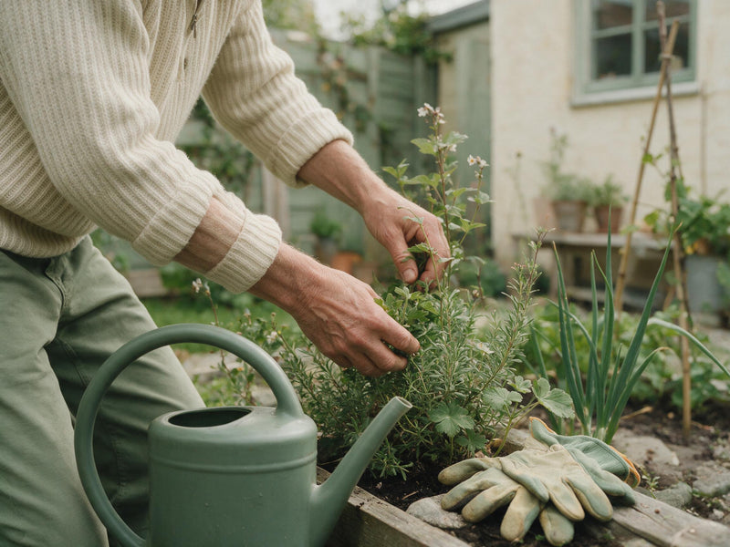 Person i halvtredserne passer planter i en lille dansk have