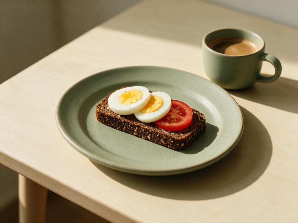Rugbrød med æg og tomat på en stentøjstallerken i morgenlys