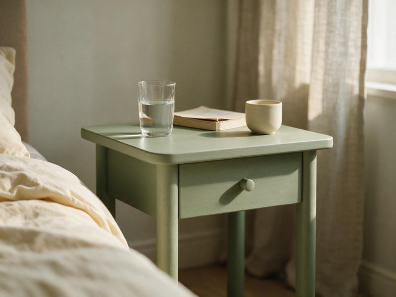 Sengebord med et glas vand og en bog i tidligt morgenlys gennem hørgardin