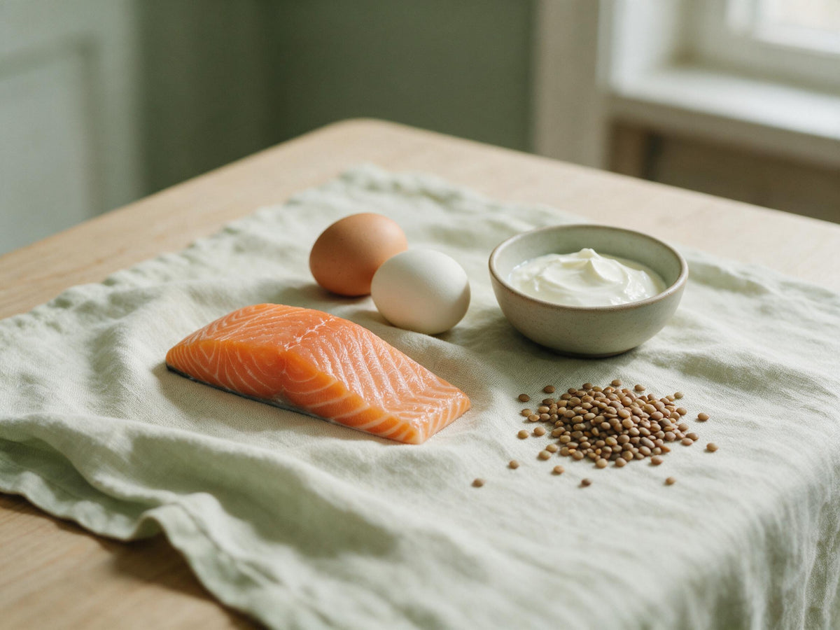 Laksefilet, æg, skyr og linser på en lys hørdug