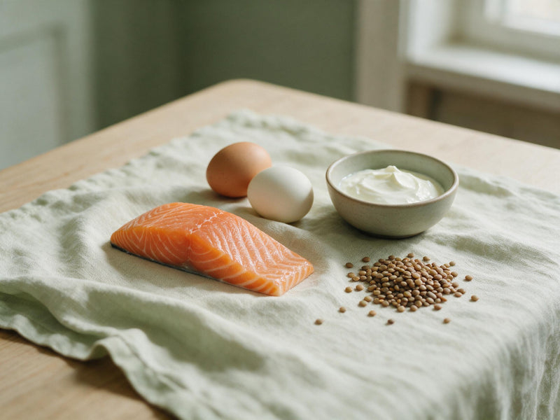 Laksefilet, æg, skyr og linser på en lys hørdug