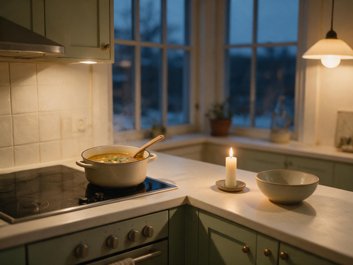 Varmt køkken en mørk vintereftermiddag med en gryde suppe og et tændt lys