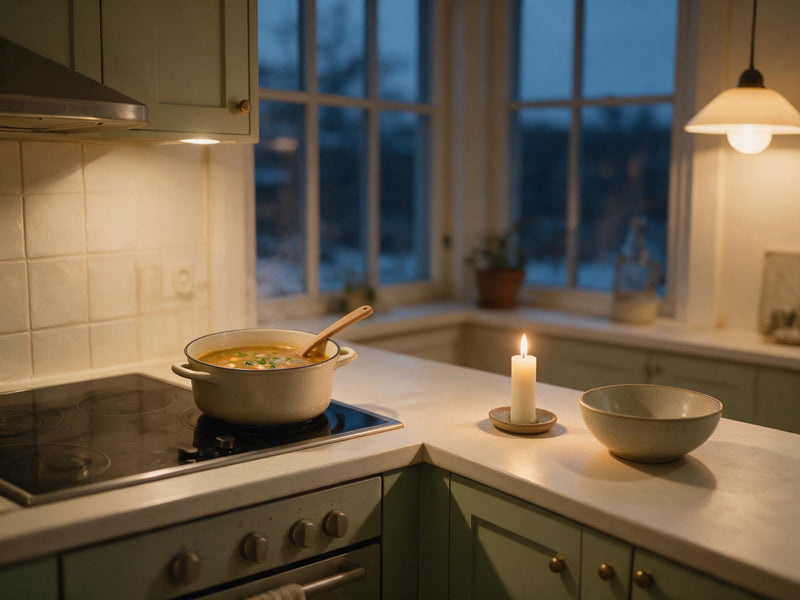 Varmt køkken en mørk vintereftermiddag med en gryde suppe og et tændt lys