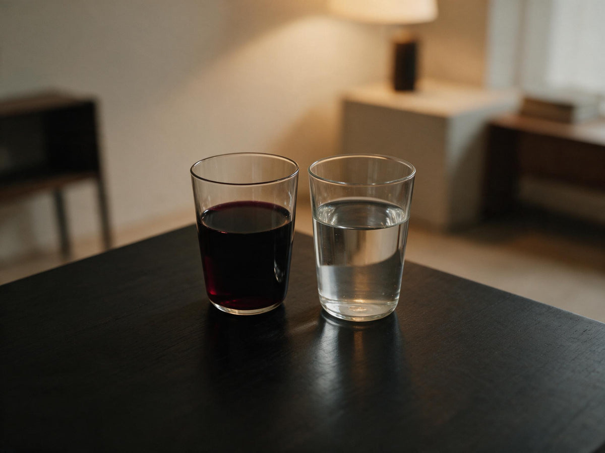 Et glas rødvin og et glas vand side om side på et mørkt træbord i aftenlys