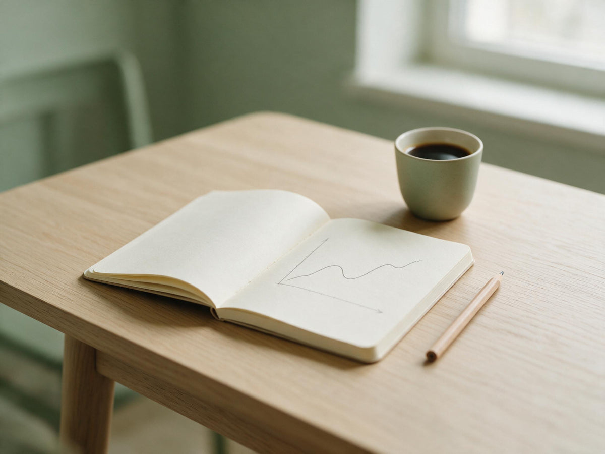 Notesbog med en håndtegnet bølget kurve og en kop kaffe på et egetræsbord