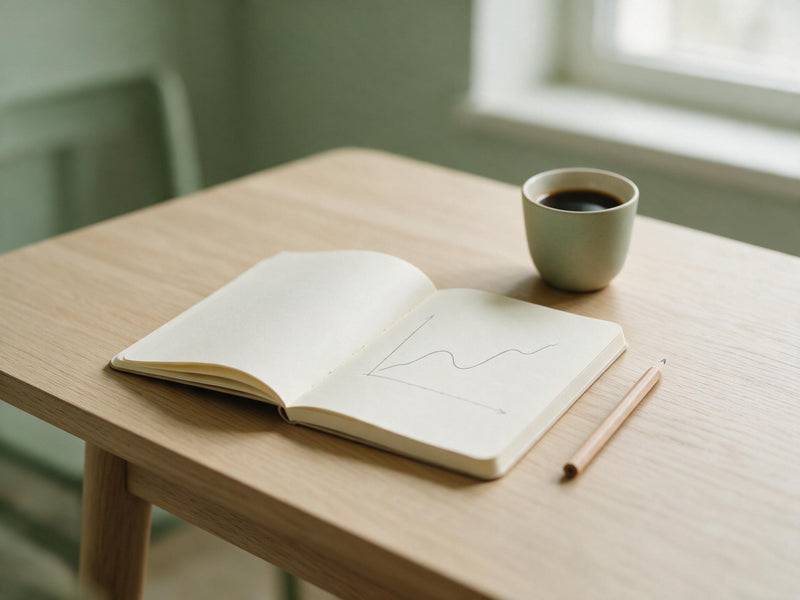 Notesbog med en håndtegnet bølget kurve og en kop kaffe på et egetræsbord