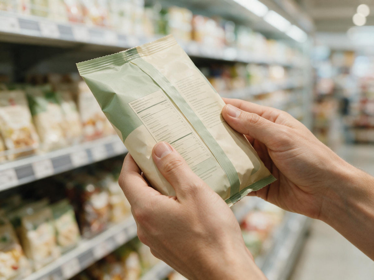 To hænder vender en fødevarepakke for at læse bagsiden i et supermarked