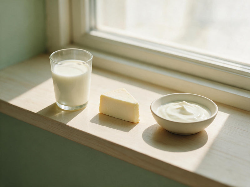 Mælk, ost og yoghurt i en solbeskinnet vindueskarm